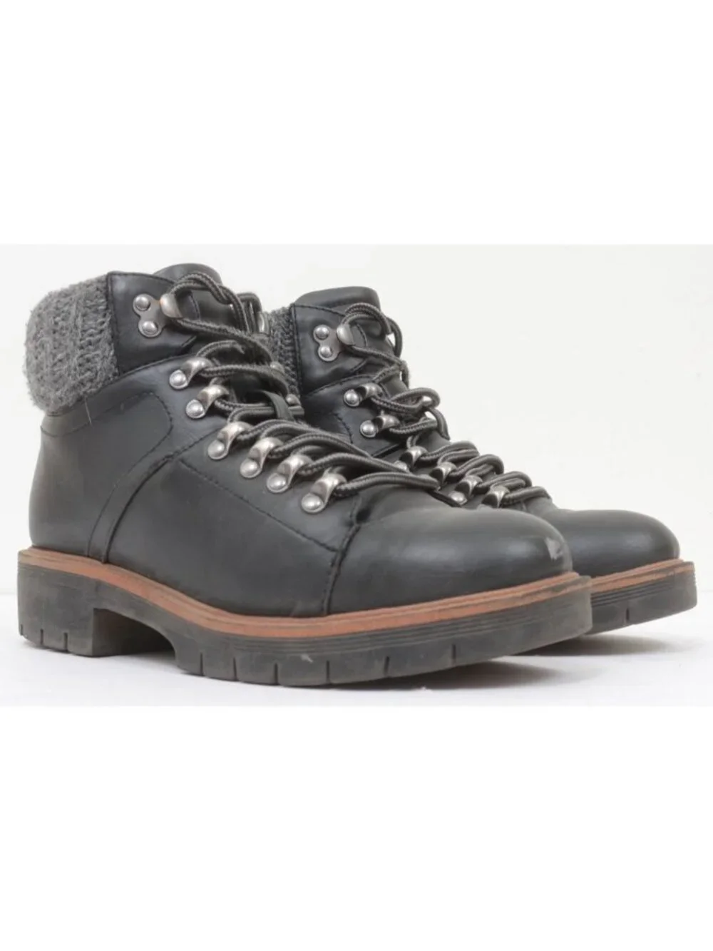 MIA Women's 7.5 Sweater Cuff Black Vegan Hiking Ankle Boots Warm Winter Lace Up